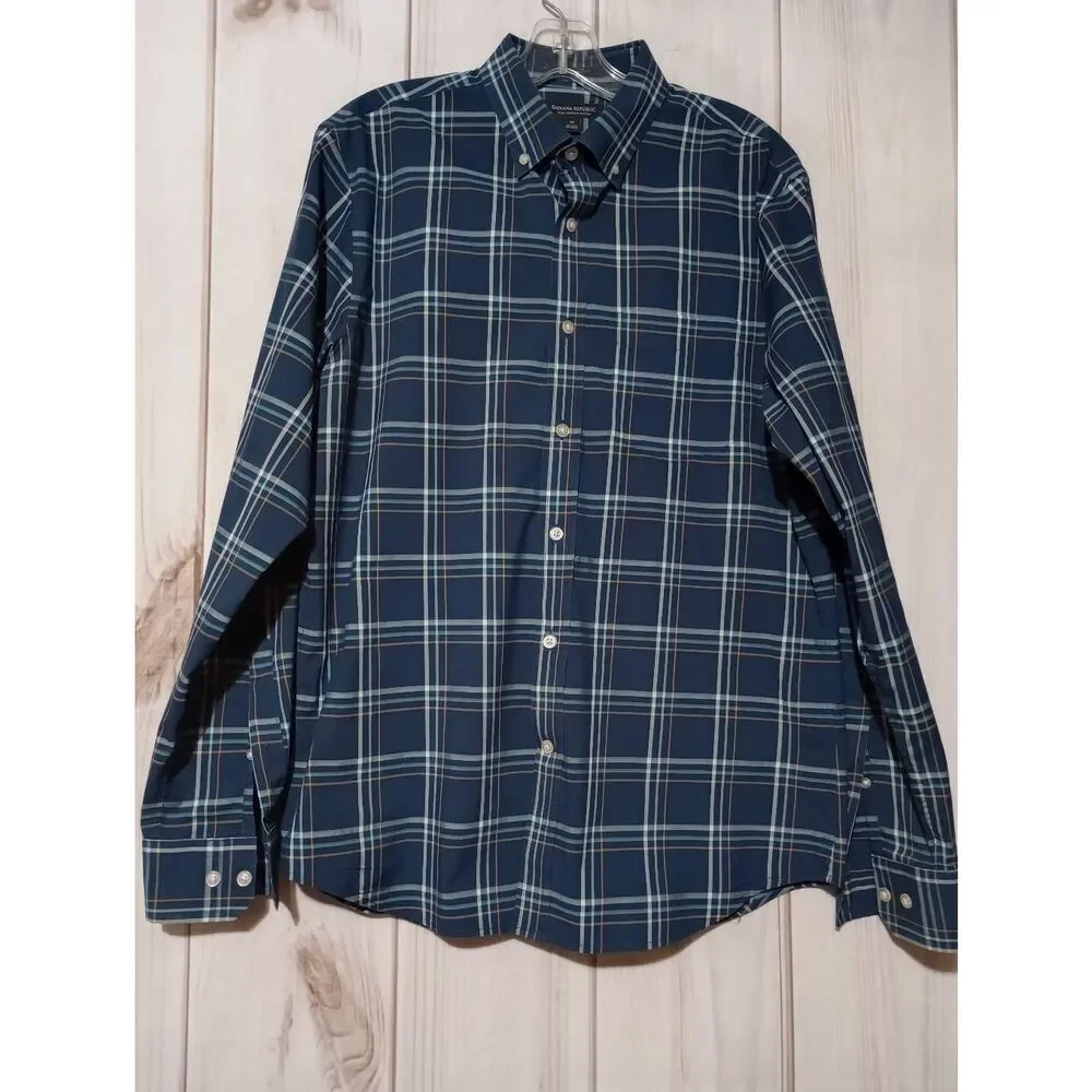 Banana‎ Republic Shirt Men's Medium Navy Button Front Long Sleeve Slim Flex Fit